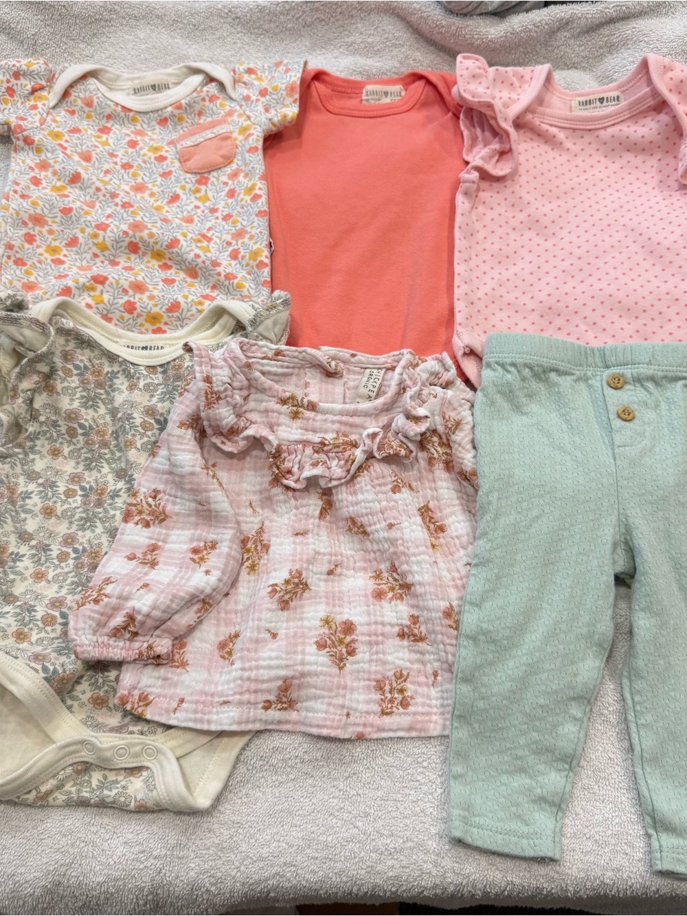 6pc Bundle Baby Girl Pastels Floral Pink Coral Mint Rabbit + Bear Organic Cotton